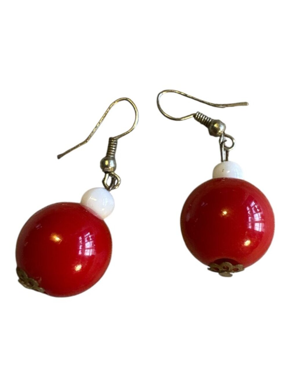 Red & White Beaded Dangle Earrings With Hook Closure